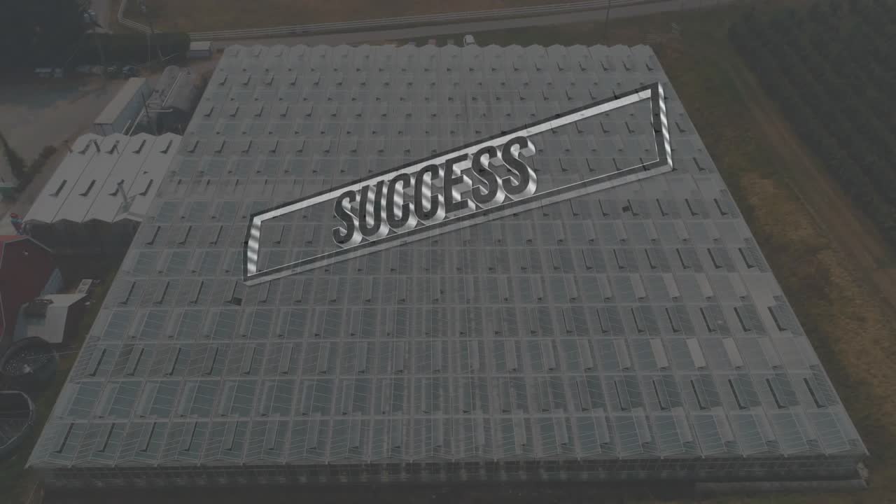 On appearing, metallic SUCCESS badge sliding and rotating over rooftop, shrinking to center logo