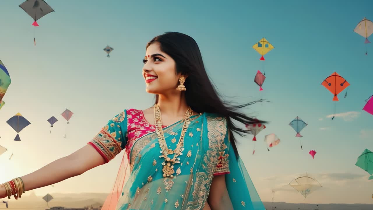 Young indian woman wearing a blue and pink sari, gold jewelry and bracelets, smiling and celebrating a kite festival, flying kites in the sky at sunset