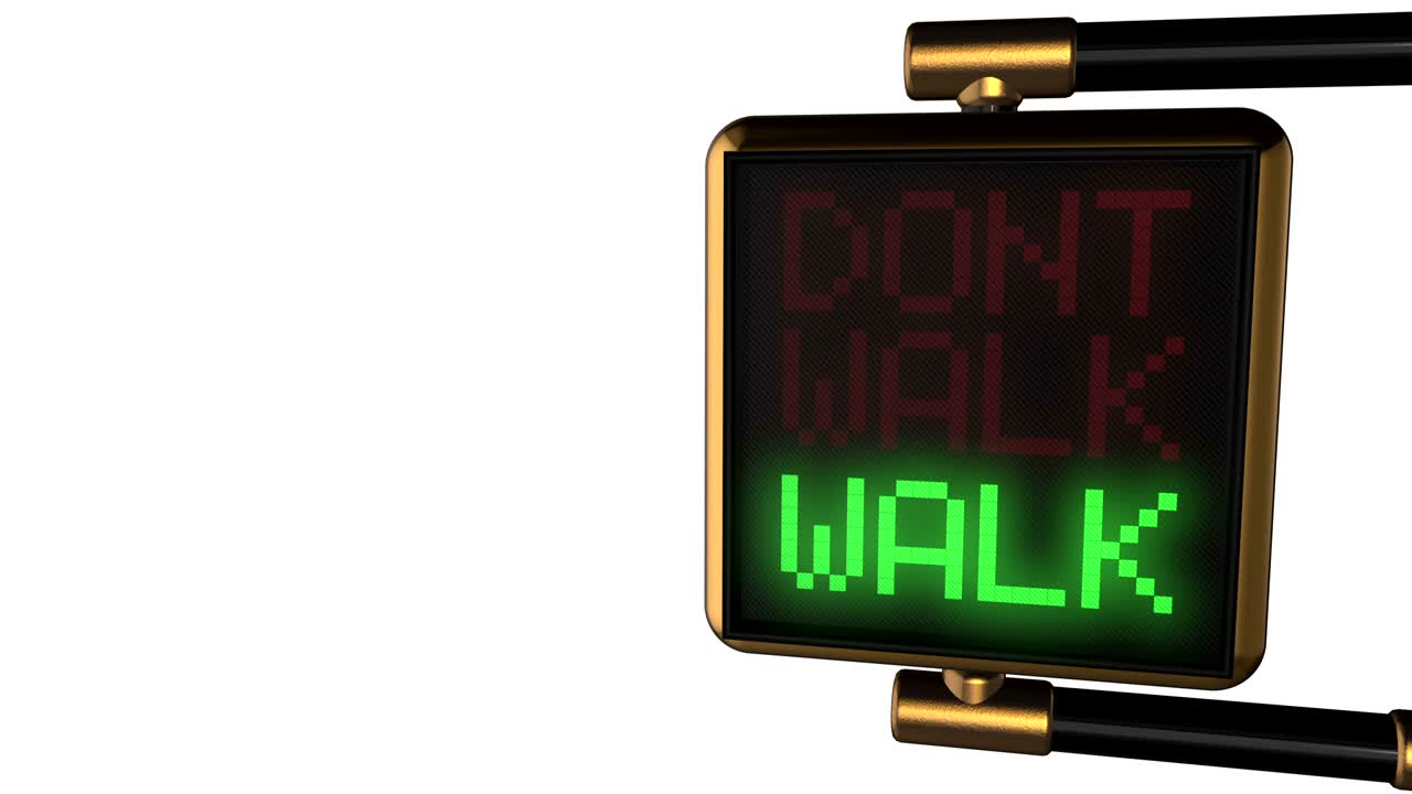 Looped animated background: 3d old-style golden street traffic light with alternately changing the words "DONT WALK/ WALK" red and green color on the black pixels. 4k. Seamless loop. Alpha matte.