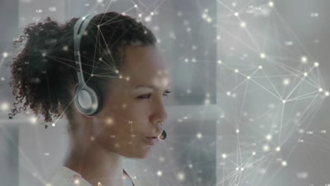 Animation-of-network-of-connections-over-businesswoman-with-headset-in-office