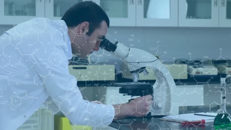 Animación-De-Moléculas-Sobre-Un-Científico-Masculino-Caucásico-Usando-Microscopio