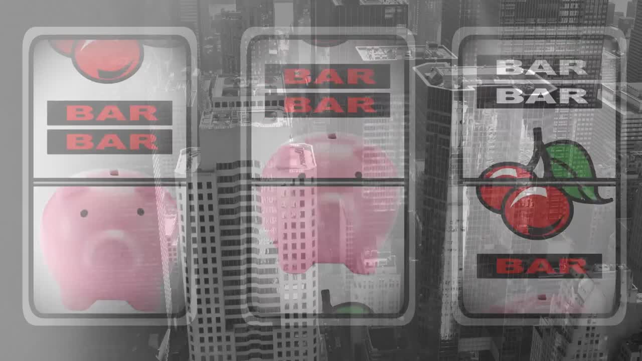 도시 풍경 위의 카지노 과일 기계의 애니메이션