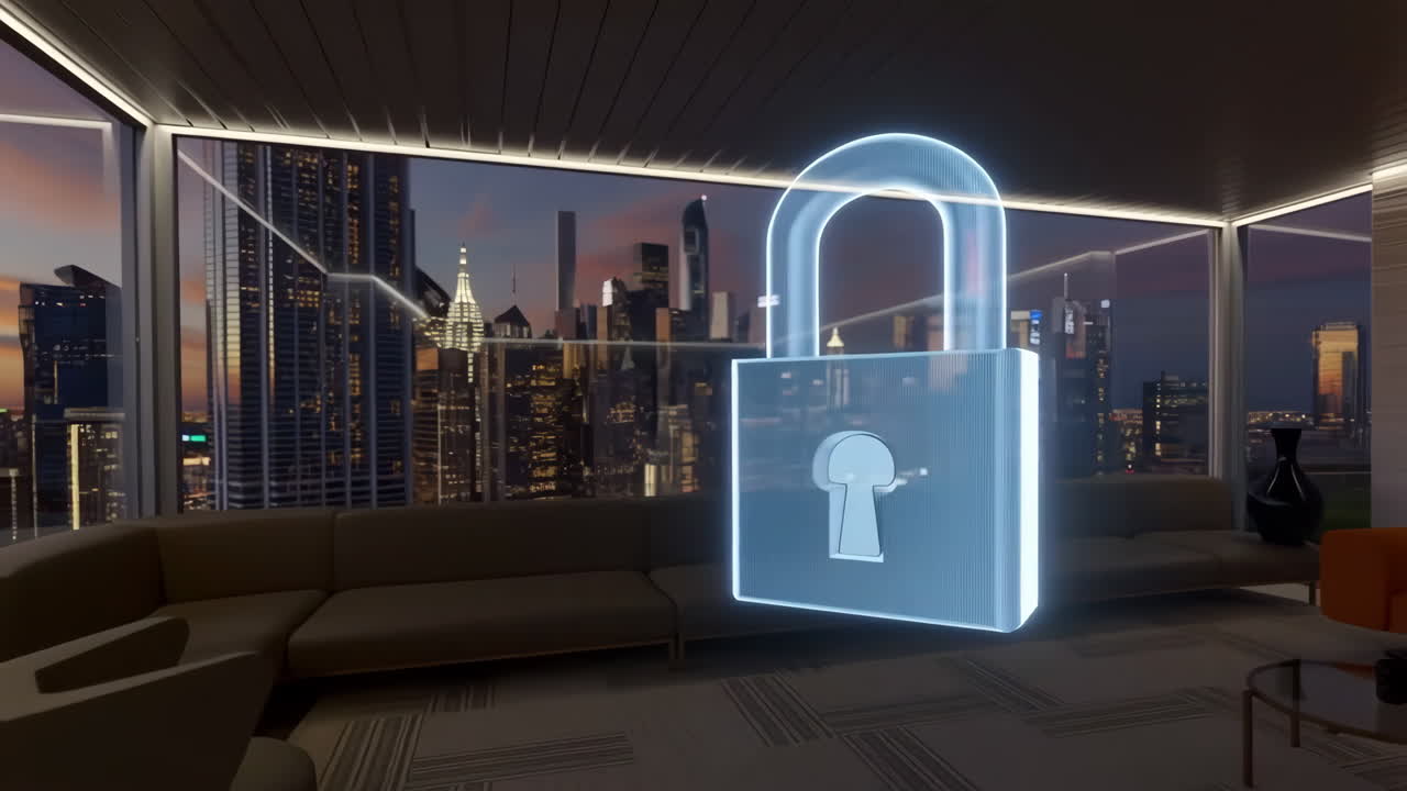 Digital Security Padlock Hologram in Modern City Apartment