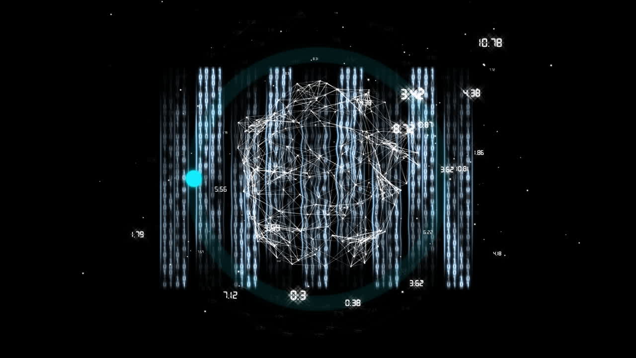 Animation of data processing and globe with network of connections on black background