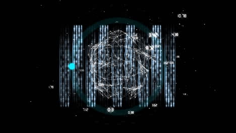 animación de procesamiento de datos y globo con red de conexiones sobre fondo negro