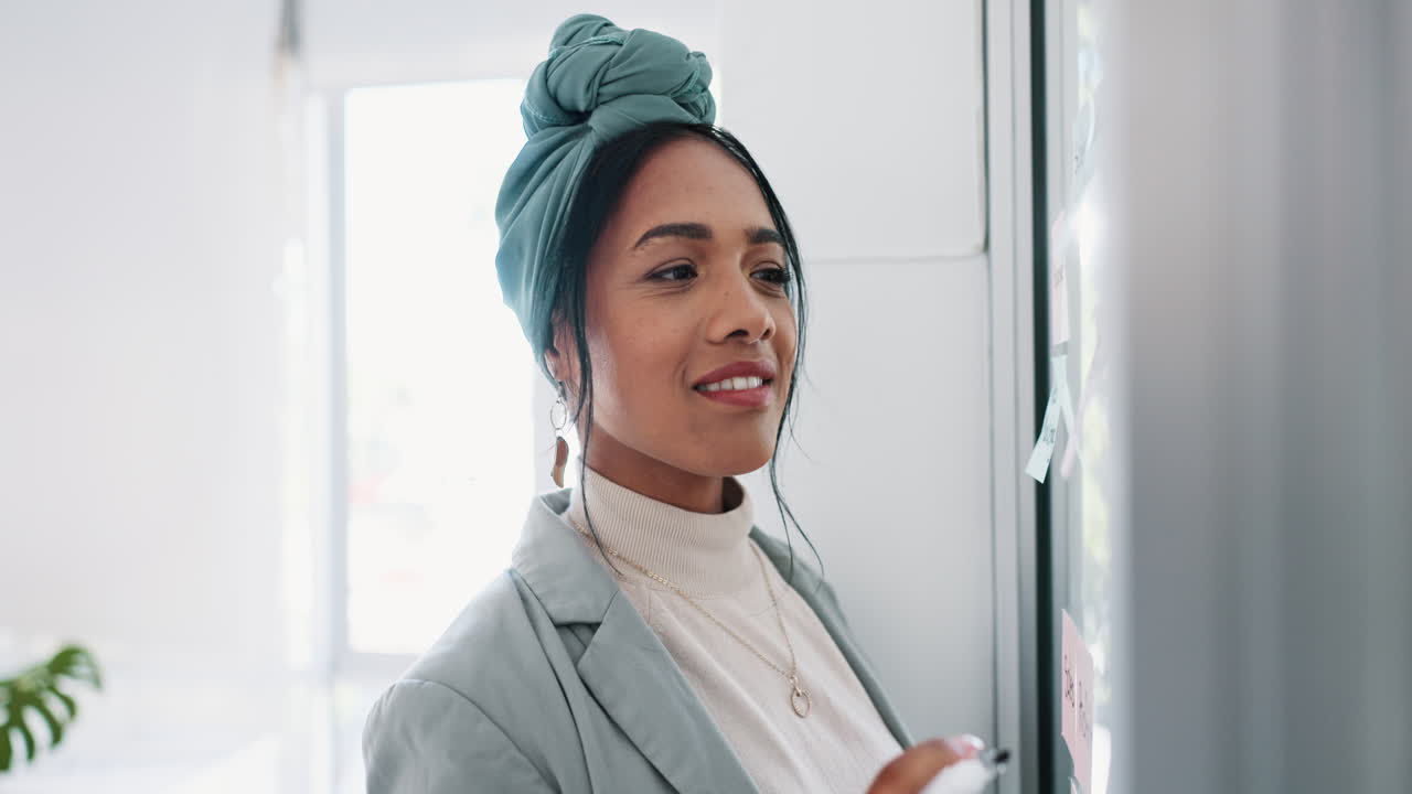 mujer de negocios, escritura y lluvia de ideas