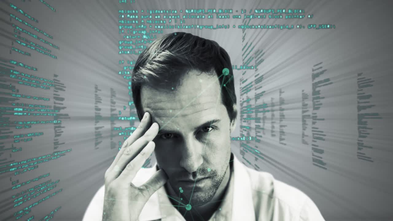 animación del procesamiento de datos sobre el hombre mirando a la cámara