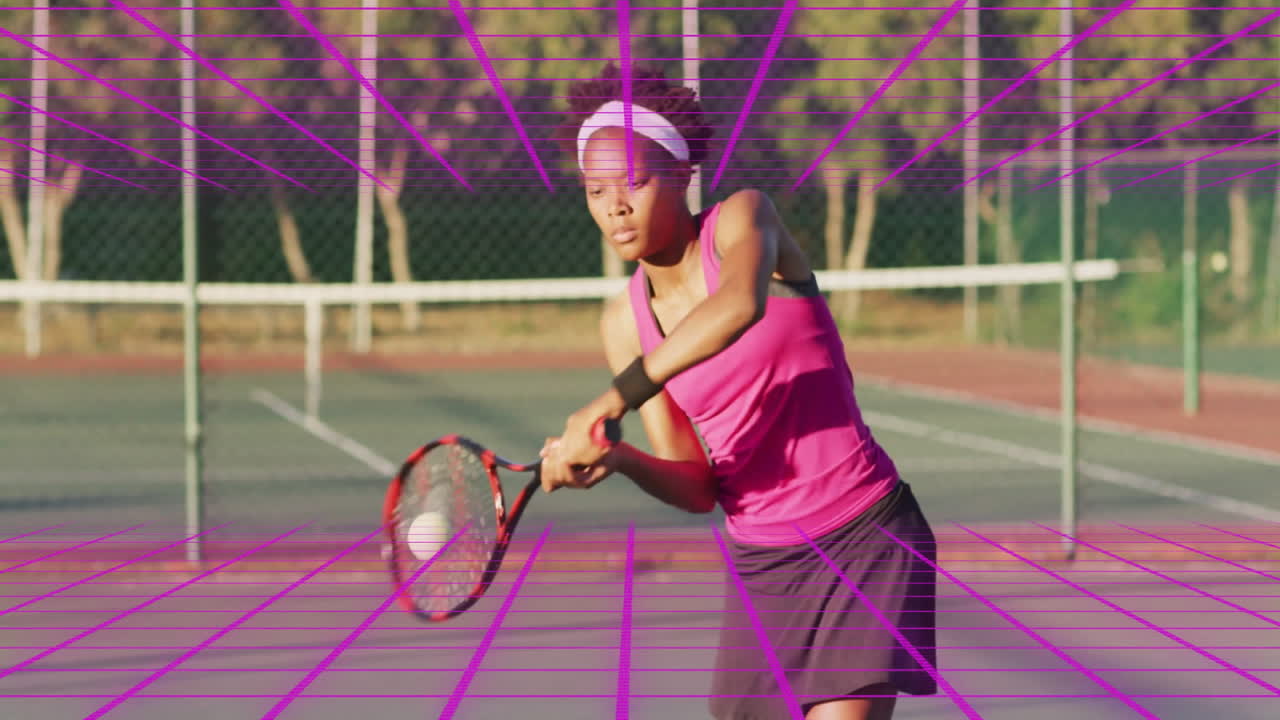 Digital grid overlay showing tennis player hitting ball during animation