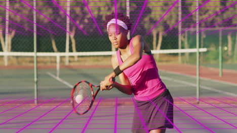 digital grid overlay showing tennis player hitting ball during animation