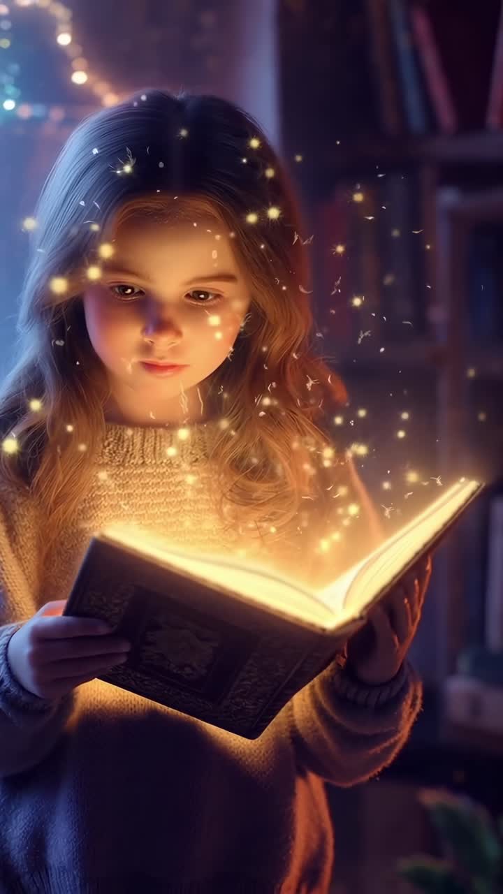 Una scena video magica di una ragazza che legge un libro luminoso, ripresa da un angolo frontale