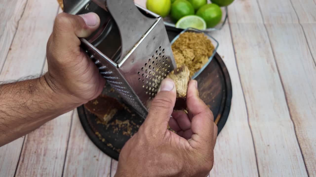 Primer plano de las manos de una persona rallando un bloque de panela (azúcar de caña sin refinar) con un rallador, que muestra el proceso detallado de preparación de una receta tradicional venezolana de limonada.