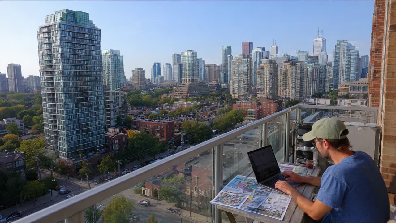 A Relaxing Urban Scene: Enjoying a Bright Afternoon on the Balcony while Working with a Laptop and a Glimpse of the Metropolis in the Background