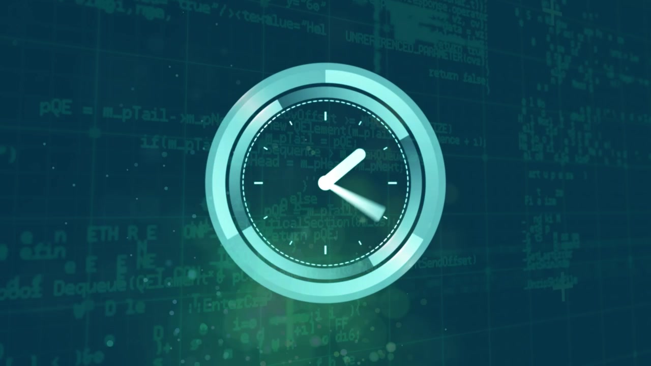 Digital Clock Animation Overlaid on Scrolling Computer Code