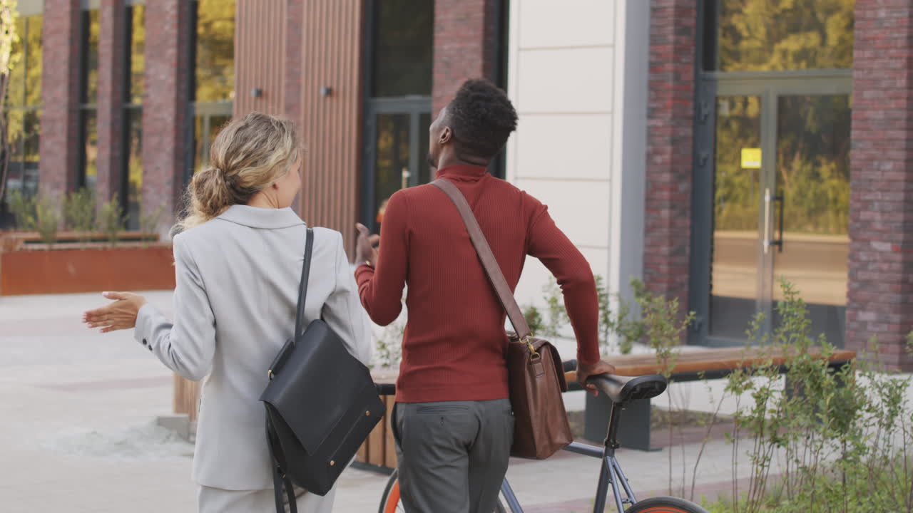 Rear View of Interracial Business Partners Walking in Downtown