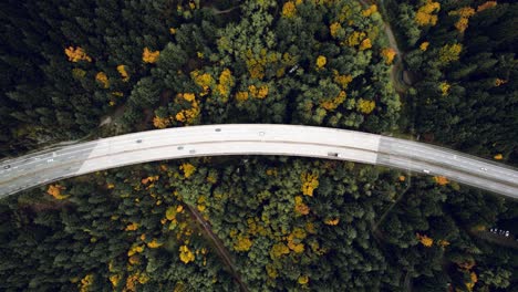 toma cinematográfica de arriba hacia abajo de la épica carretera de montaña a través del bosque, carretera curva con automóviles y camiones en otoño, oeste de vancouver, canadá