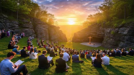 a peaceful gathering amidst nature: a diverse group of attendees engaged in a spiritual experience as the sun sets behind a cross in a rocky valley