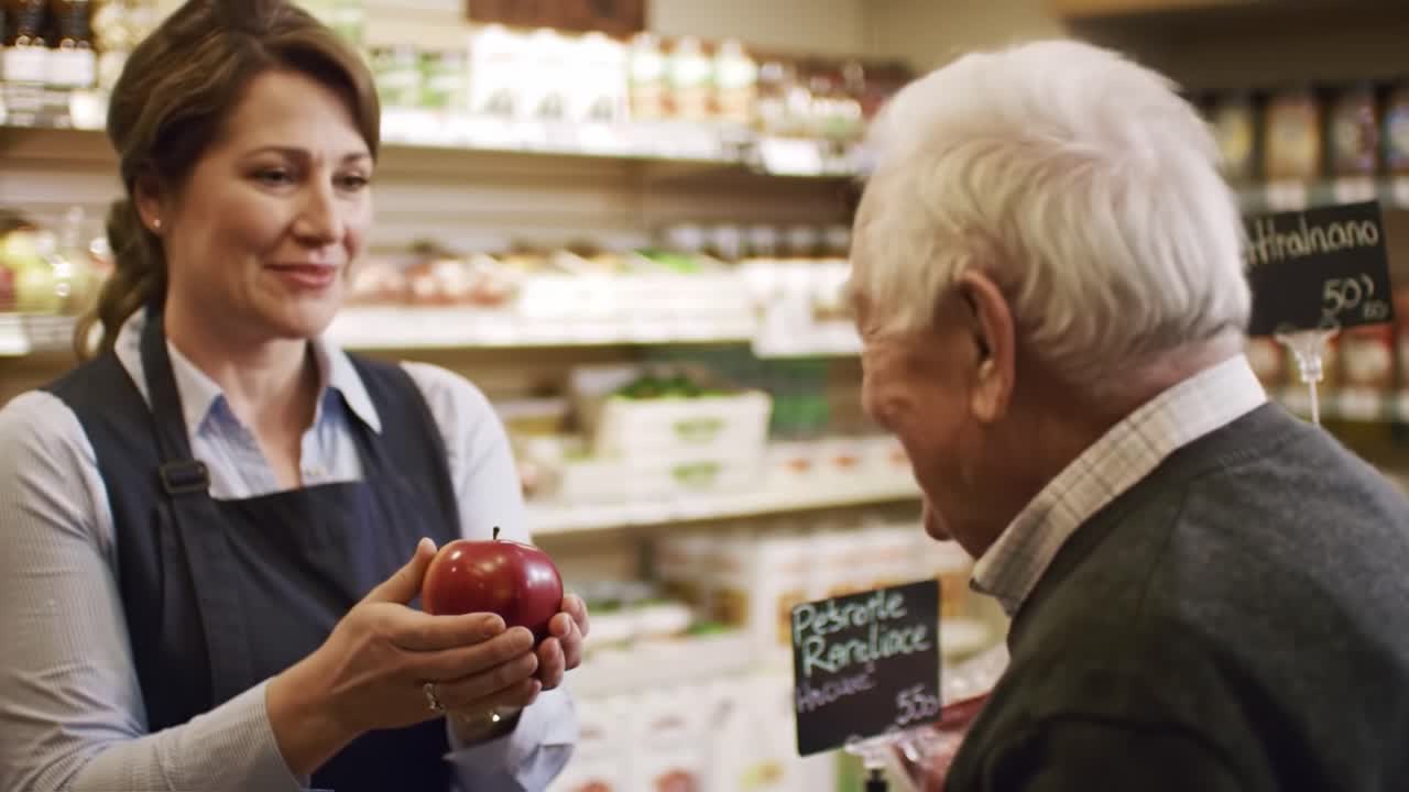 A Warm Encounter: Friendly Grocery Store Interaction Between a Shopkeeper and an Elderly Customer Discussing Fresh Produce Items