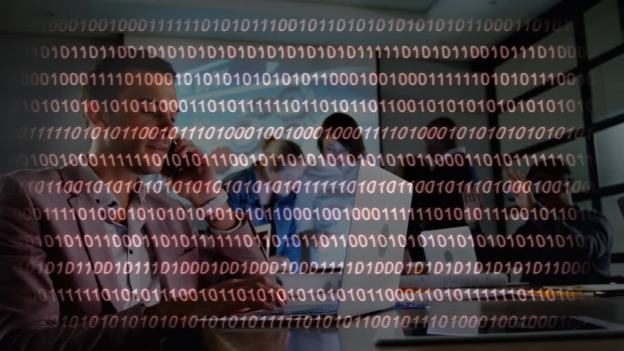 Animation of data processing over diverse business people in office