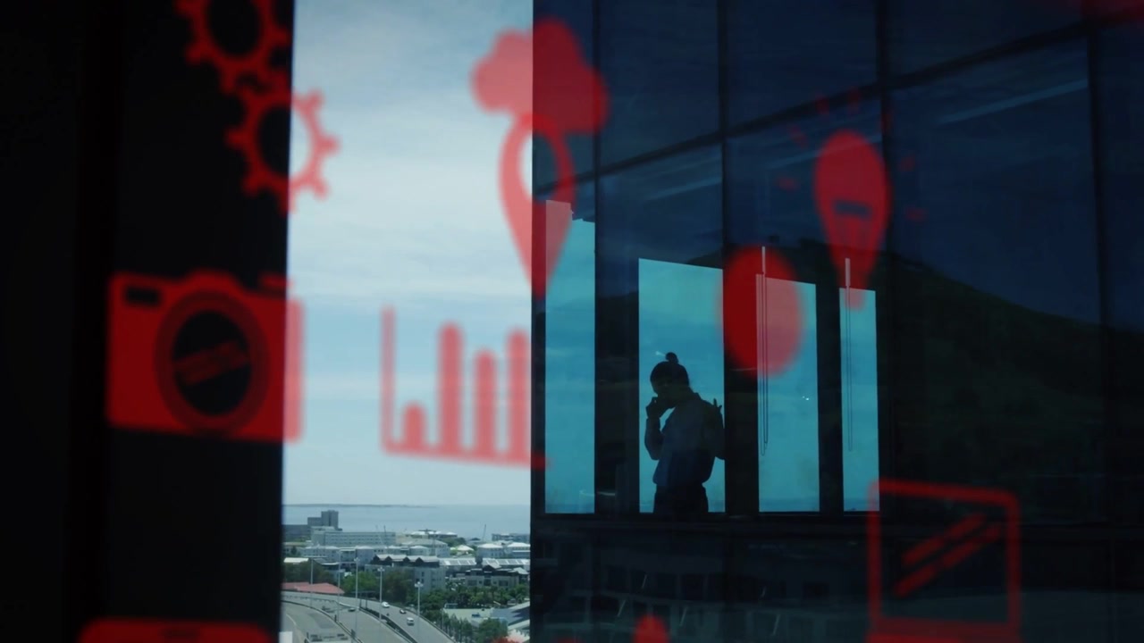 Overlay red icons appearing, causing male worker on phone, shifting at window, showing network data