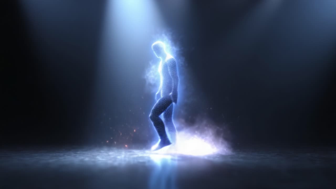 A Digital Spectacle: A Glowing Figure Navigating Through Ethereal Light and Mysterious Particles in a Mesmerizing Display of Movement and Ambient Effects