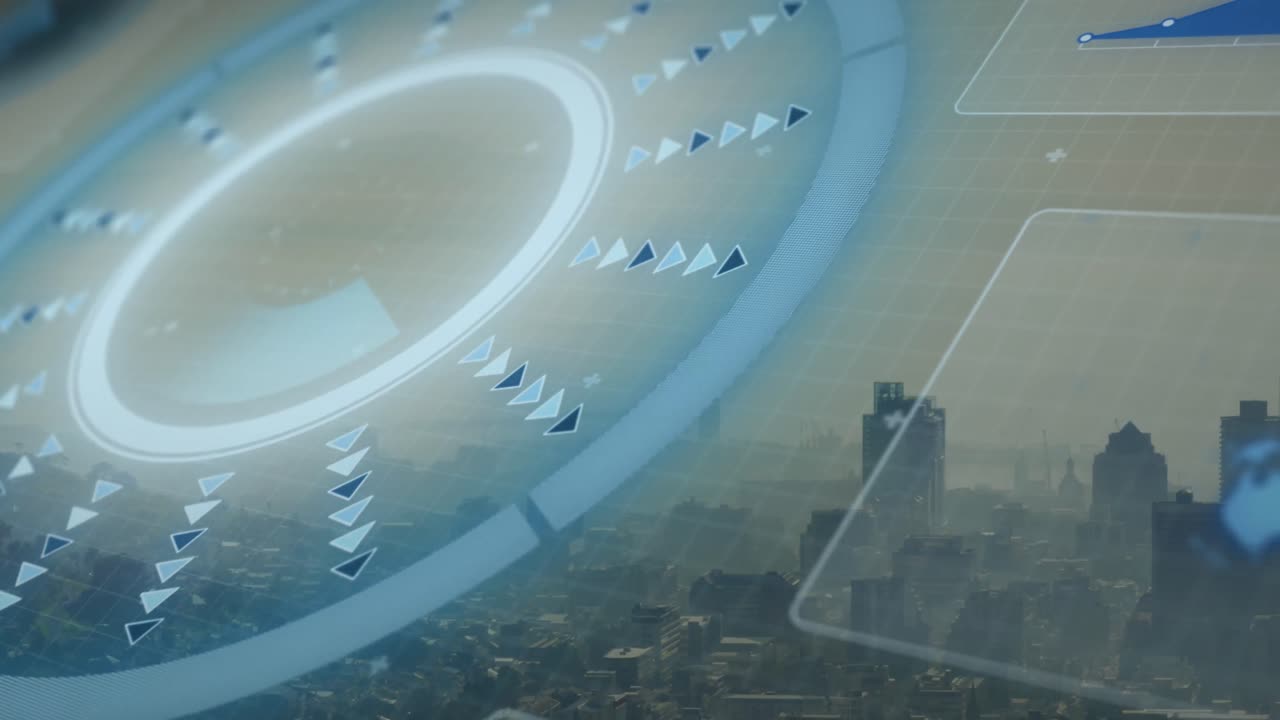 둥근 스캐너와 인터페이스의 애니메이션 및 도시 풍경의 공중 전망에 대한 데이터 처리