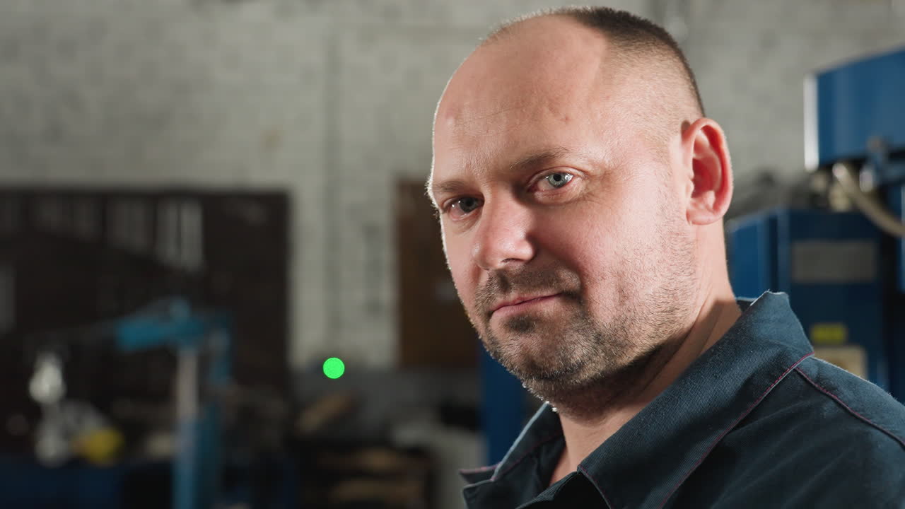 Man in blue uniform looking at camera in mechanical shop with focused expression, industrial equipment, and green light glowing in background