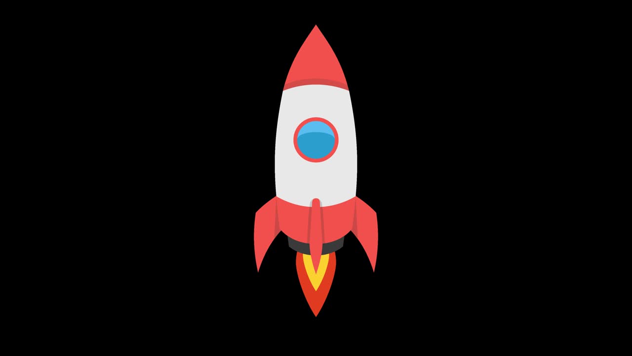 Cartoon rocket ship flying up. Loop animation in alpha channel. 4K resolution.