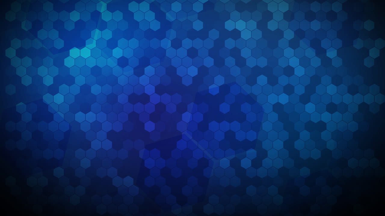 Abstract blue background pattern with a grid of hexagons. Blinking color animation of cells. Looped motion graphics.