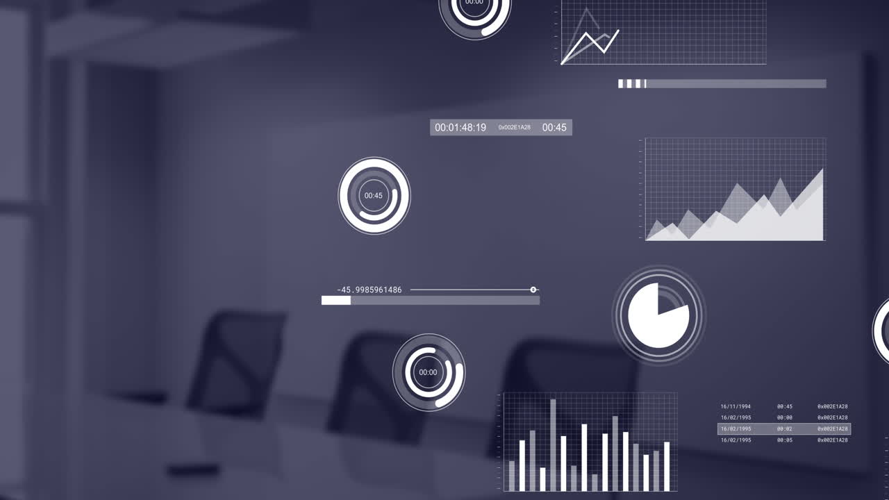 Animation of financial data processing over desk in office