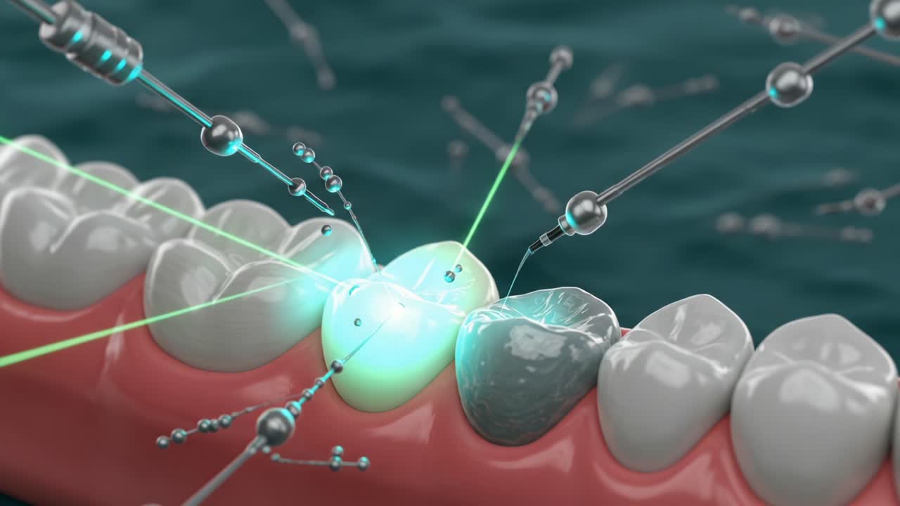 Innovative Dental Technology Enhancing Tooth Repair with Laser Precision: A Close-Up of Advanced Techniques in Action on Dental Surfaces