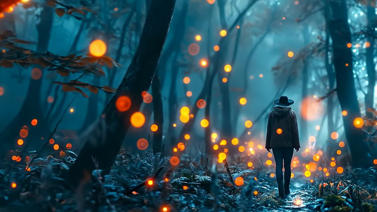 Passeggiata in una foresta luminosa. Una persona cammina in una foresta buia piena di funghi luminosi e luci, creando un'atmosfera magica di notte.