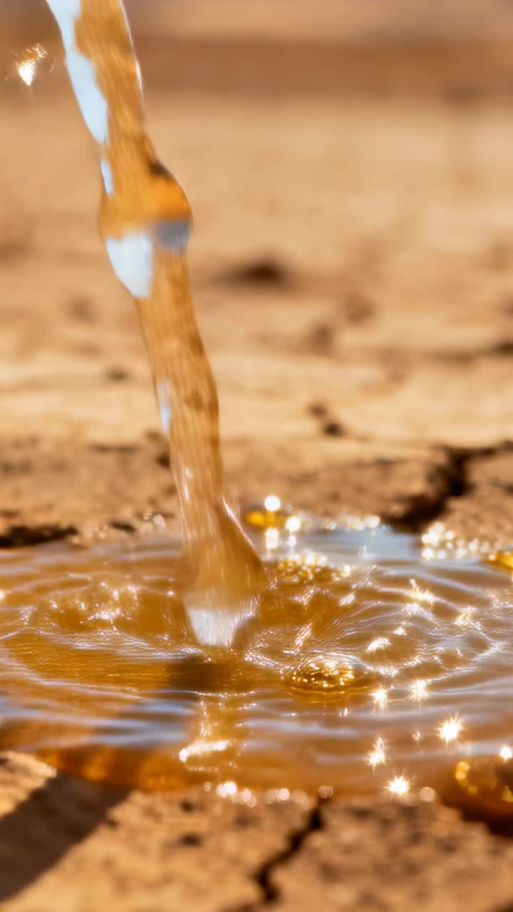 Video verticale: Versamento fuori campo che riversa liquido dorato su terreno screpolato, con un luccichio ondulato, per annunci pubblicitari.