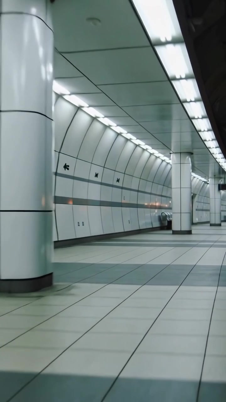 Vídeo vertical: Câmera em movimento panorâmico revelando uma plataforma de metrô vazia na estação, mostrando colunas e um banco