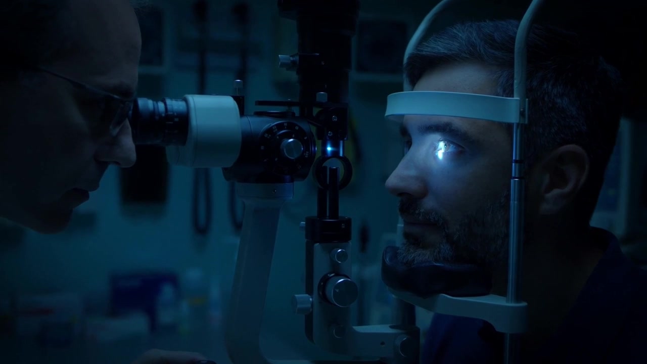 Ophthalmologist examining a male patients eye with a slit lamp instrument in a dark eye clinic examination room