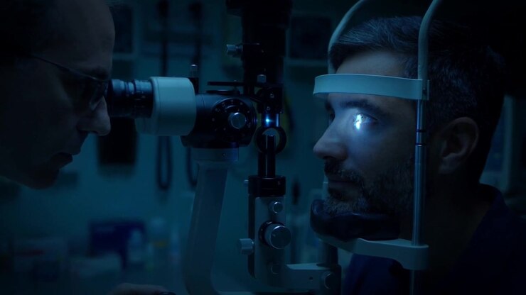 Ophthalmologist examining a male patients eye with a slit lamp instrument in a dark eye clinic examination room