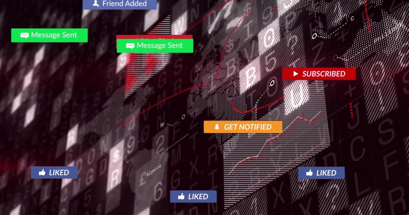 Griglia che scorre dietro una mappa, icone social che pulsano, badge di iscrizione che cambiano e fluttuano per il coinvolgimento.