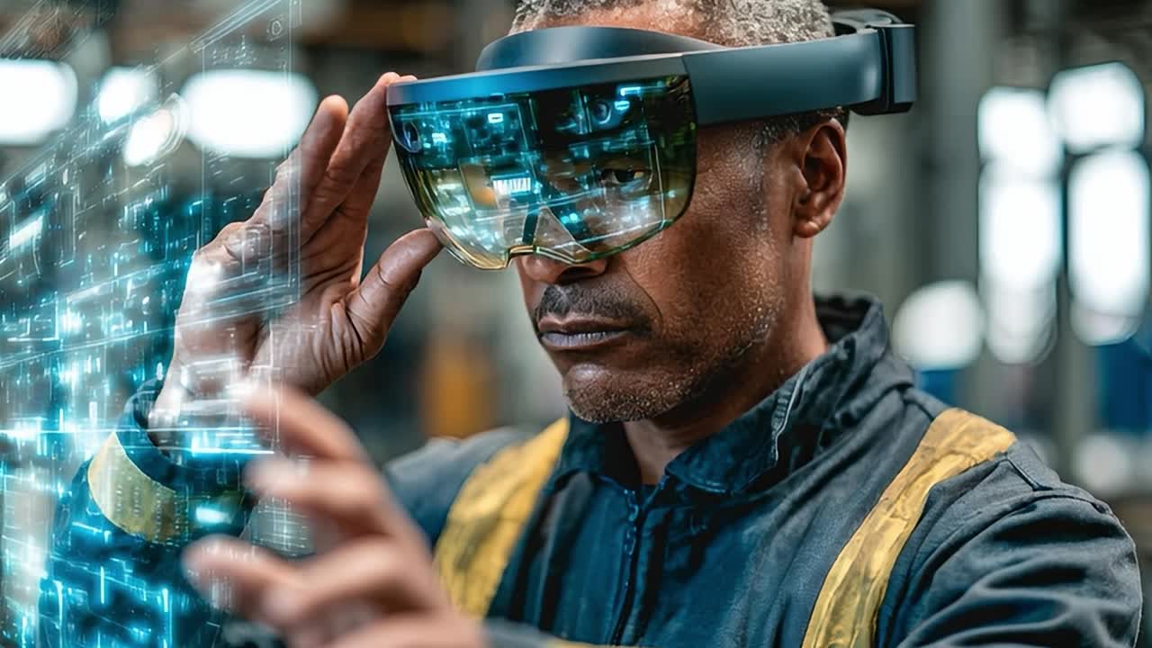 Lavoratore innovativo che utilizza la tecnologia di realtà aumentata in uno spazio di lavoro moderno
