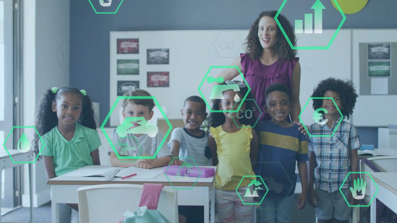 Camera recording for class portrait teacher placing hand 6 kids rising smiling hex icons floating