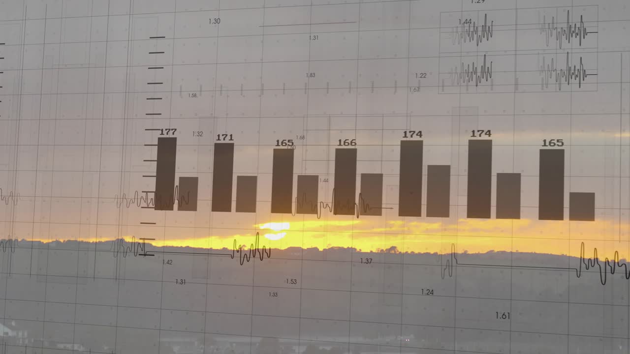 Orizzonte all'alba con un grafico sovrapposto che appare sopra le colline, e barre che ruotano visualizzando cicli di dati.