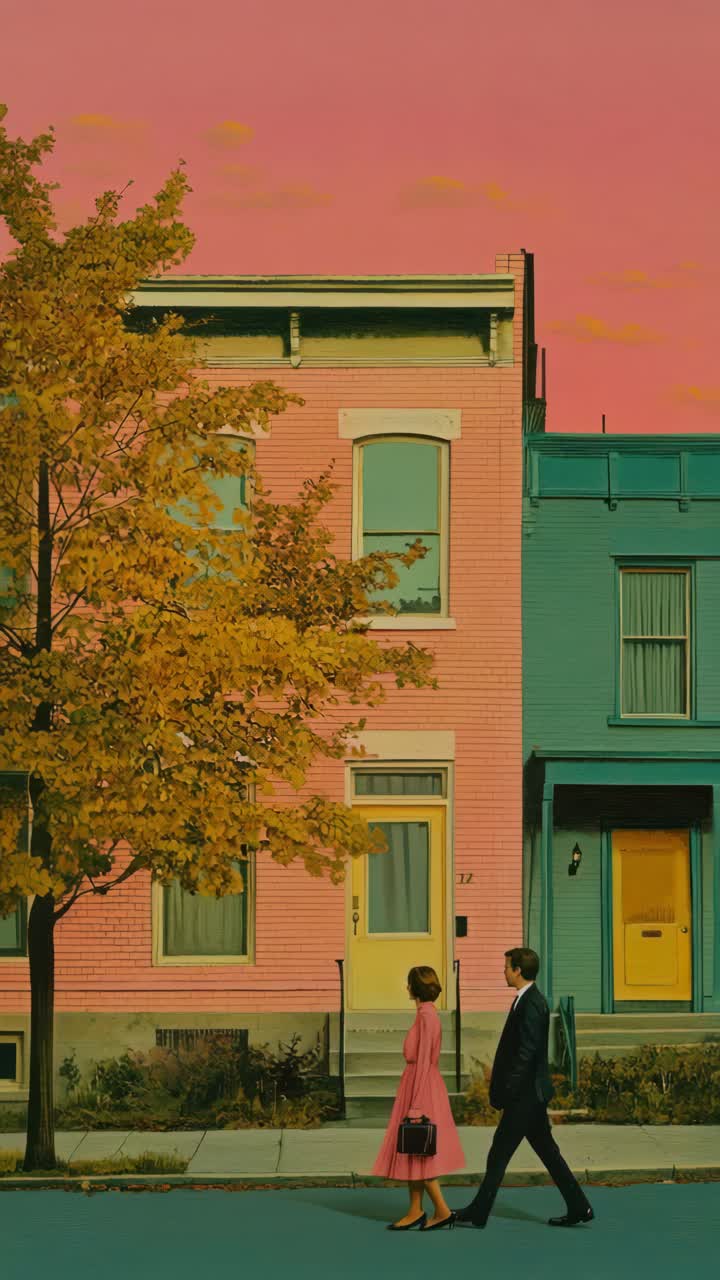 Um vídeo antigo mostra um casal andando por casas coloridas ao pôr do sol