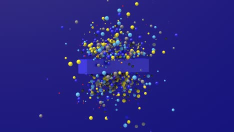 el bloque azul y las partículas de colores brillantes volando. fondo azul. animación abstracta, renderizado en 3d.