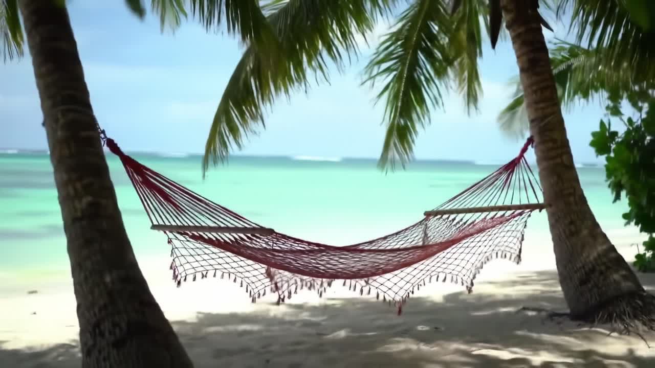 A Tranquil Tropical Getaway: A Hammock Nestled Between Palm Trees Overlooking the Clear Aquamarine Waters and Sandy Shoreline of a Serene Beach Environment