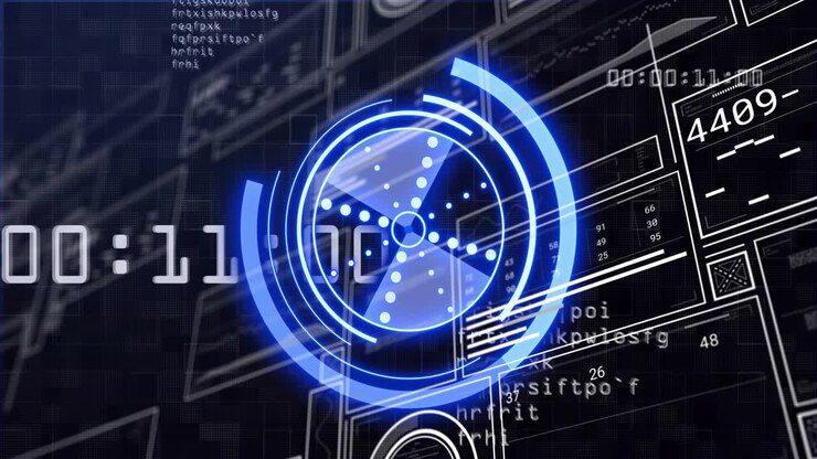 Dark grid showing schematics, text initiating rotating blue circular HUD panels updating countdown