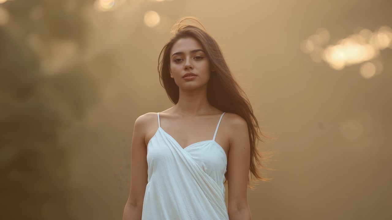 Mujer con vestido blanco caminando hacia la cámara en un parque, iluminada por el sol, con cabello largo, disfrutando la brisa.