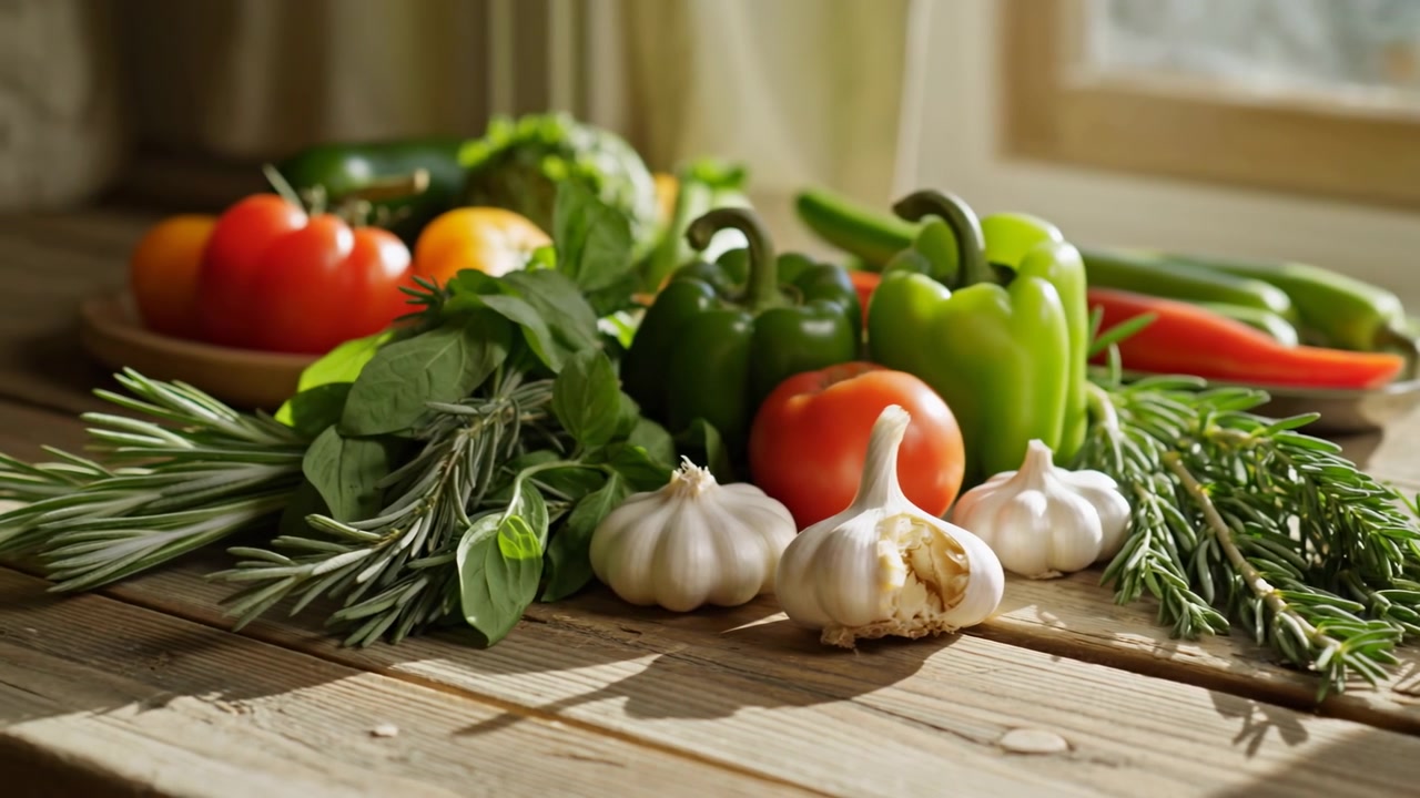 Tavolo da cucina rustico illuminato dal sole, verdure fresche: pomodori, peperoni verdi, bulbi d'aglio, rametti di basilico, rosmarino.