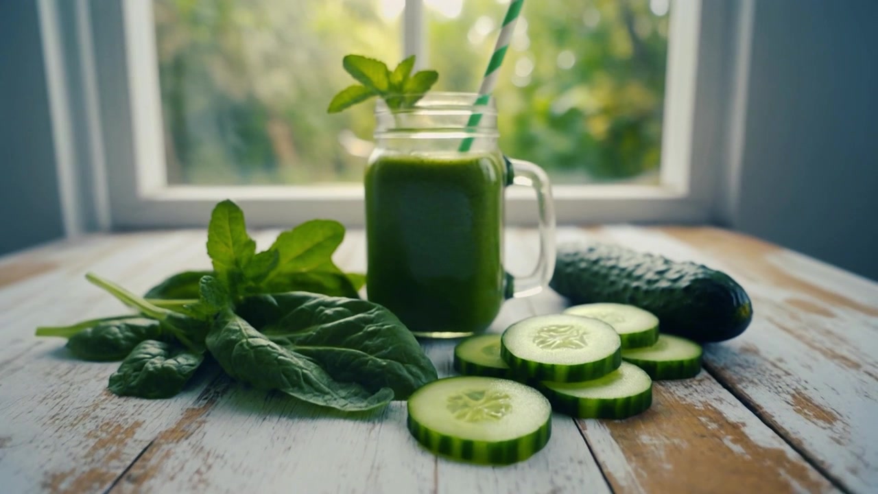 Frullato verde fresco con cetriolo e spinaci su un tavolo rustico
