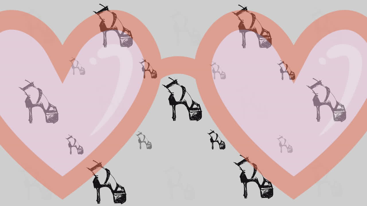 회색 배경에 높은 발 뒤꿈치 신발과 함께 분홍색 심장 모양의 선글라스의 애니메이션