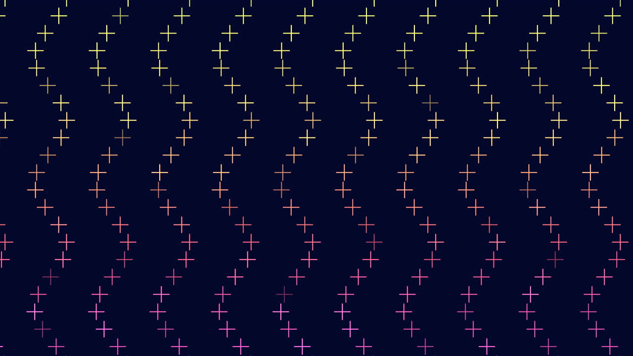 Seamless abstract motion background featuring colorful plus sign symbols arranged in flowing wavy lines on a dark backdrop, ideal for modern presentations, music visuals, events and digital screens
