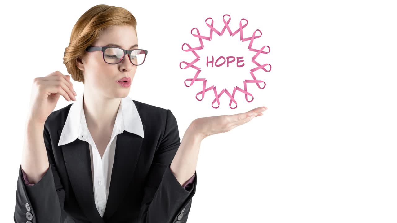 젊은 여성 위에 희망 텍스트와 함께 분홍색 리본 로고의 애니메이션