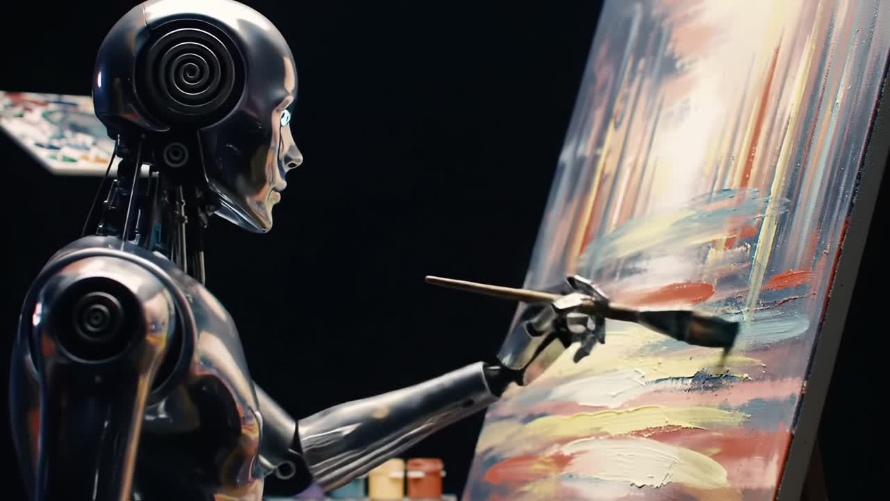 A Futuristic Robotic Artist Skillfully Creating a Masterpiece on Canvas, Blending Technology and Creativity in a Captivating Artistic Process